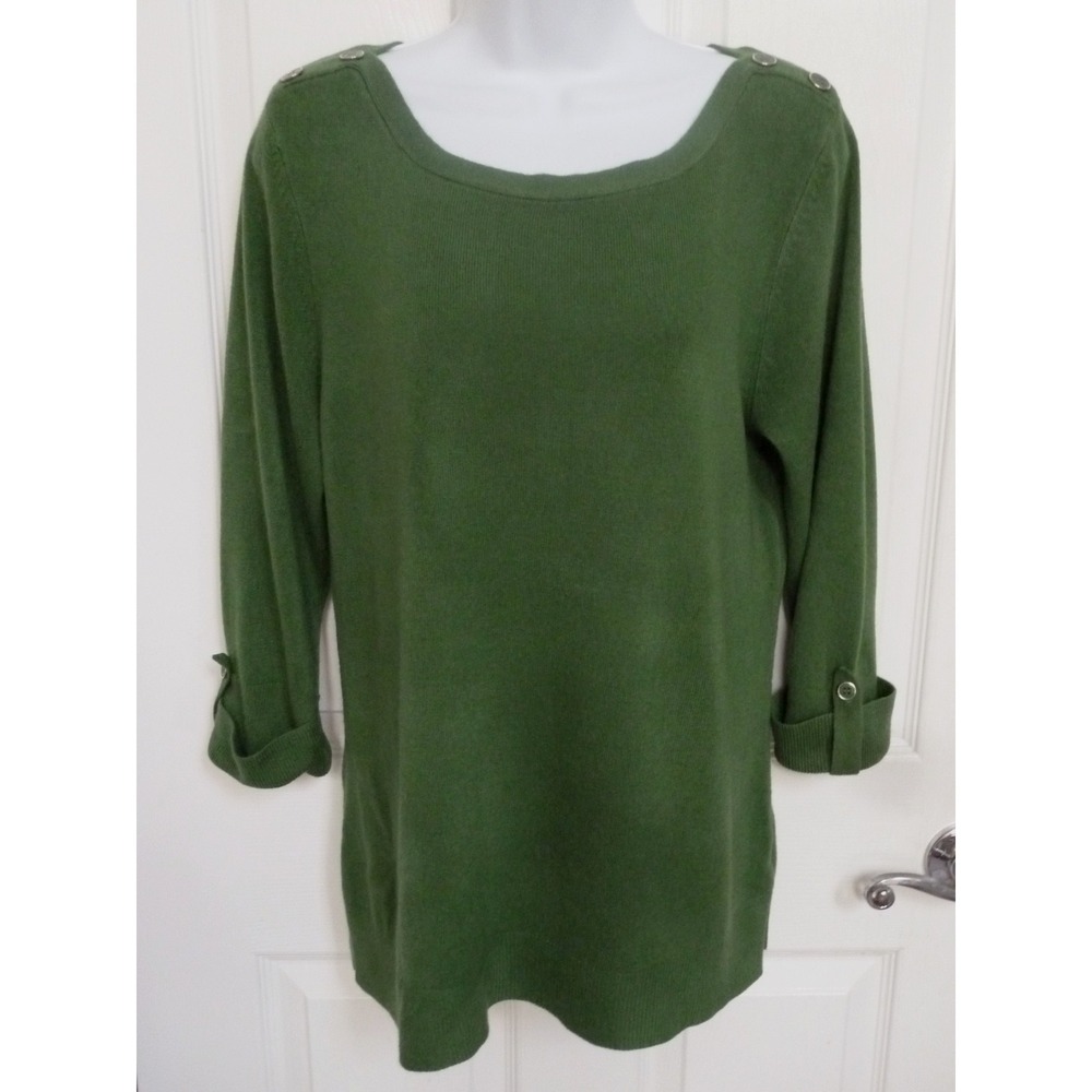 Kim Rogers Green Tunic Sweater L 12/14 3/4 Cuffed Sleeve Boat Neck Pullover